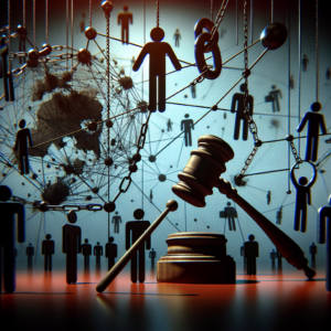 "Illustration depicting legal proceedings related to the Terrorgram network, showcasing courtroom dynamics and legal documentation symbolizing the challenges in addressing online extremism."