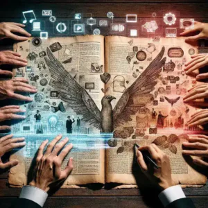 "Illustration of a content repurposing strategy with arrows showing the transformation of old articles into various formats like videos, infographics, and social media posts, representing the process of re-editing old content into new formats."