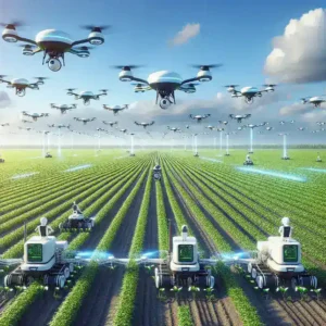 "Robotic farming fleet equipped with AI swarm intelligence technology for autonomous crop management, showcasing advanced agricultural practices and innovative machinery in a modern farm setting."