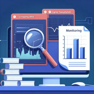 "Illustration of Scraping API process for tracking brand mentions online, showcasing data analysis tools and digital reputation management strategies."